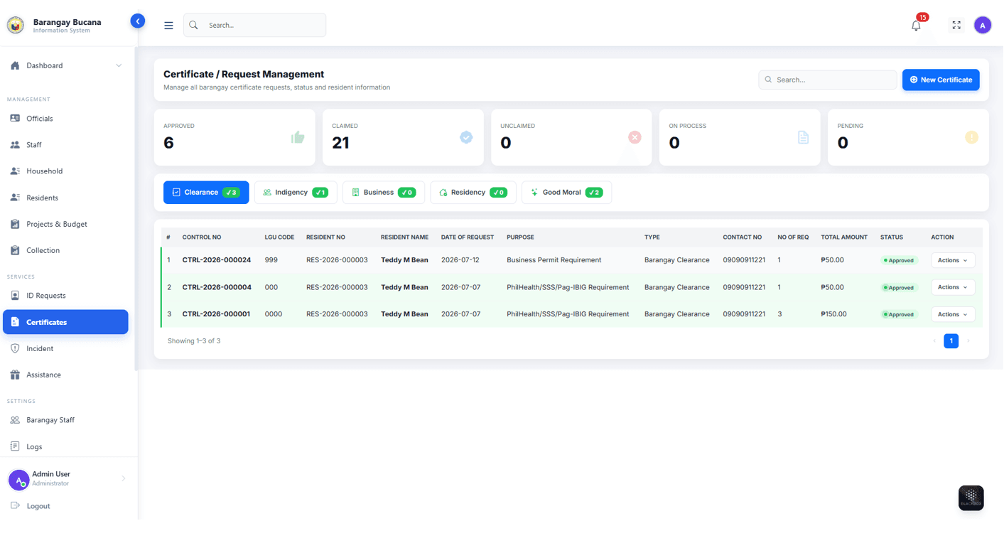 Barangay certificate requests and status management interface