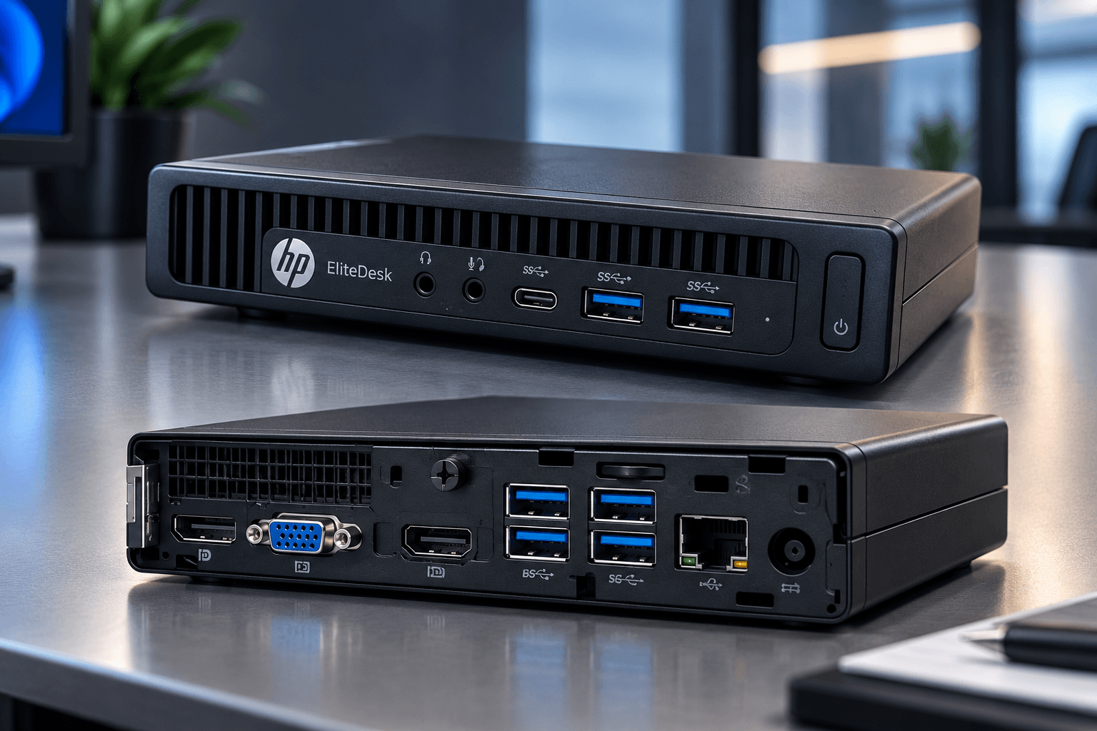 Micro desktop computer showing its front controls and rear connectivity ports