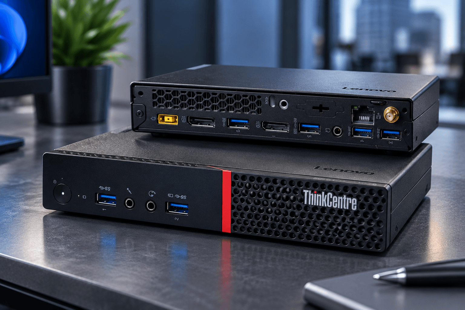 Micro PC front and rear views showing its compact case and device connections