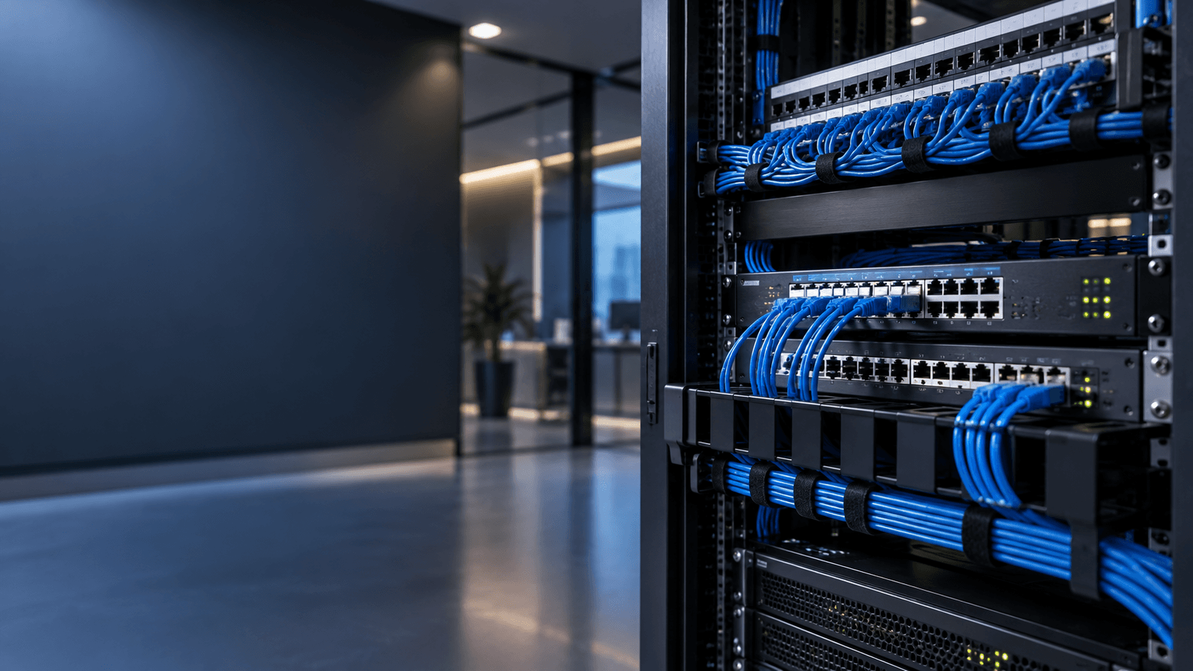 Business network rack with switches, patch panels and organized Ethernet cabling