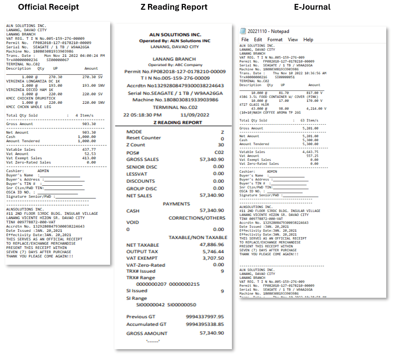 Retail POS - receipt, Z Reading, and E-Journal examples