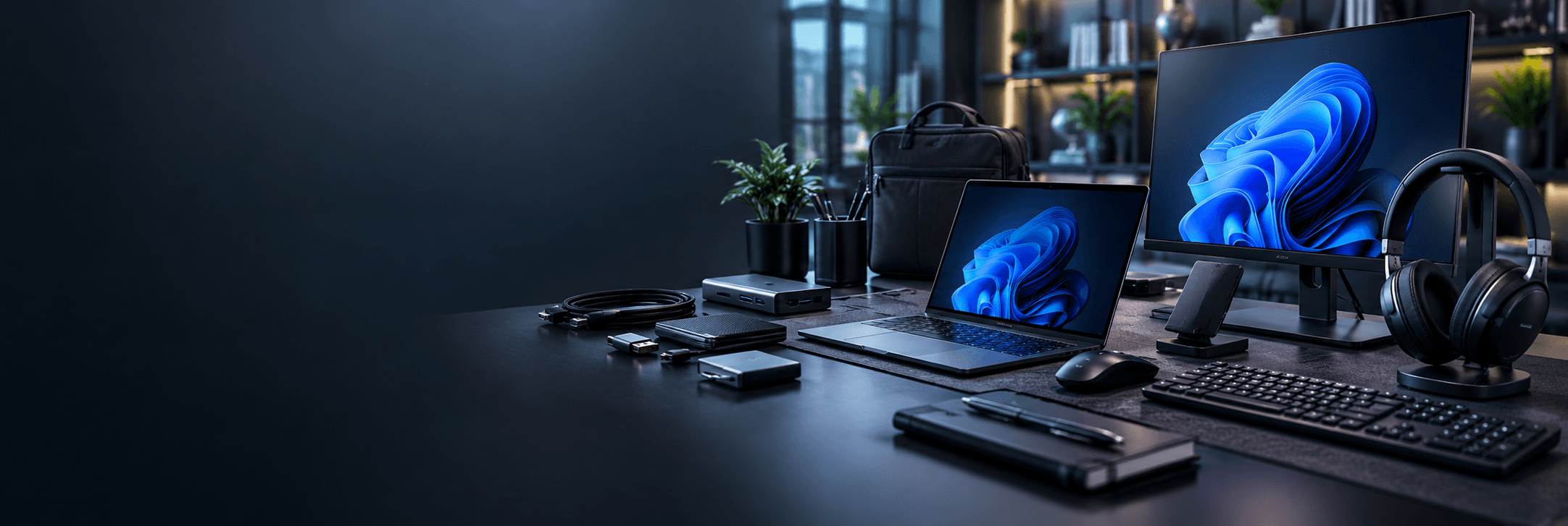 Business laptop, monitor, keyboard, headset, and connectivity accessories arranged on an office desk