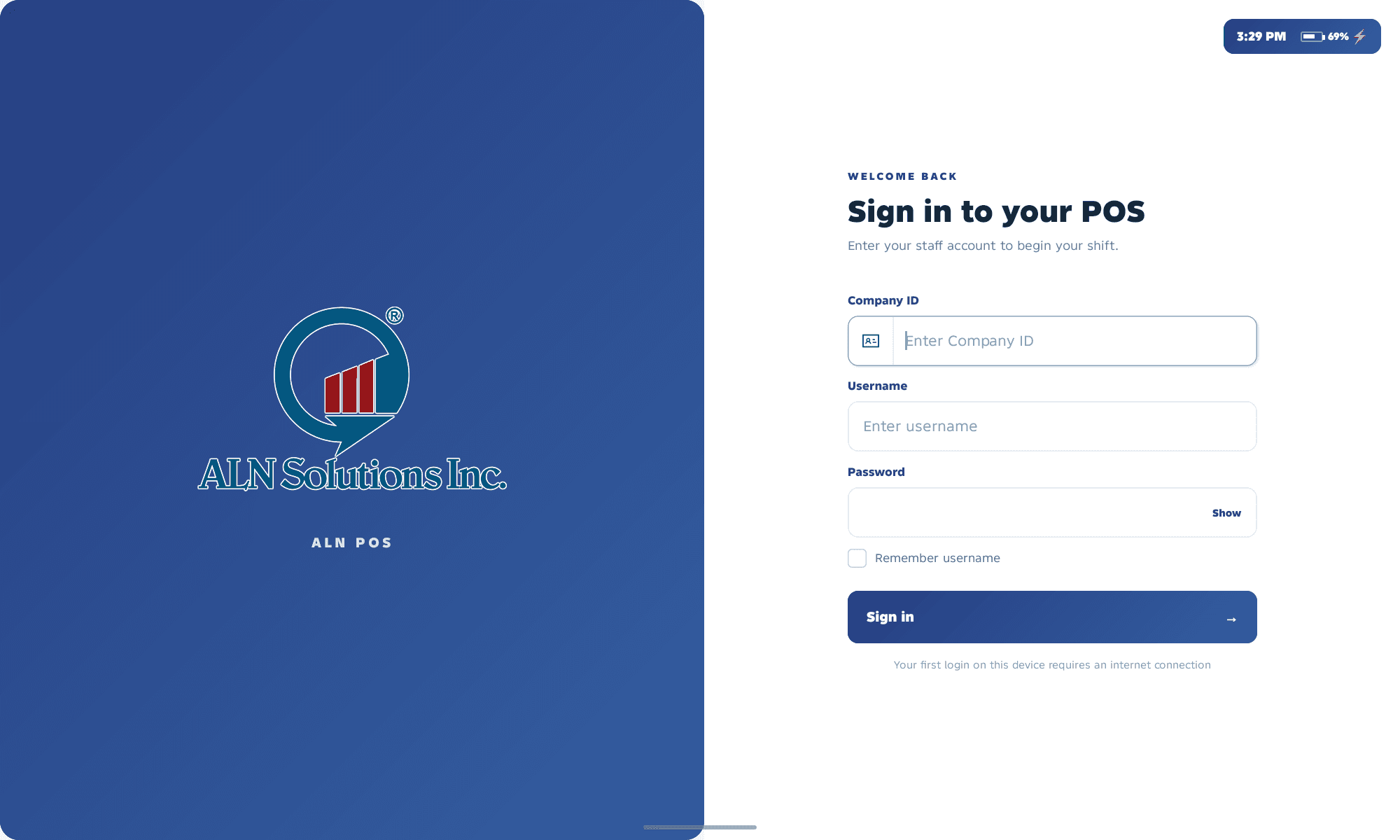 ALN POS sign-in screen with company, username and password fields and a first-login internet connection notice