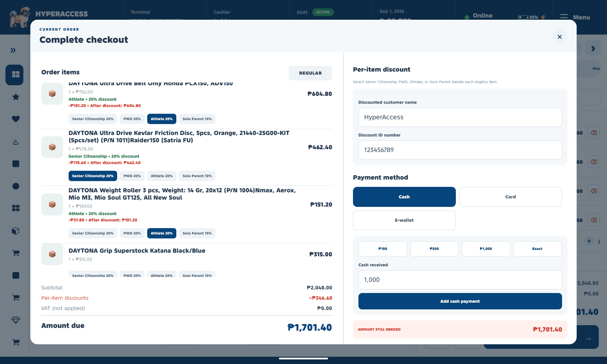 Quick Service POS · Complete checkout — actual product screen