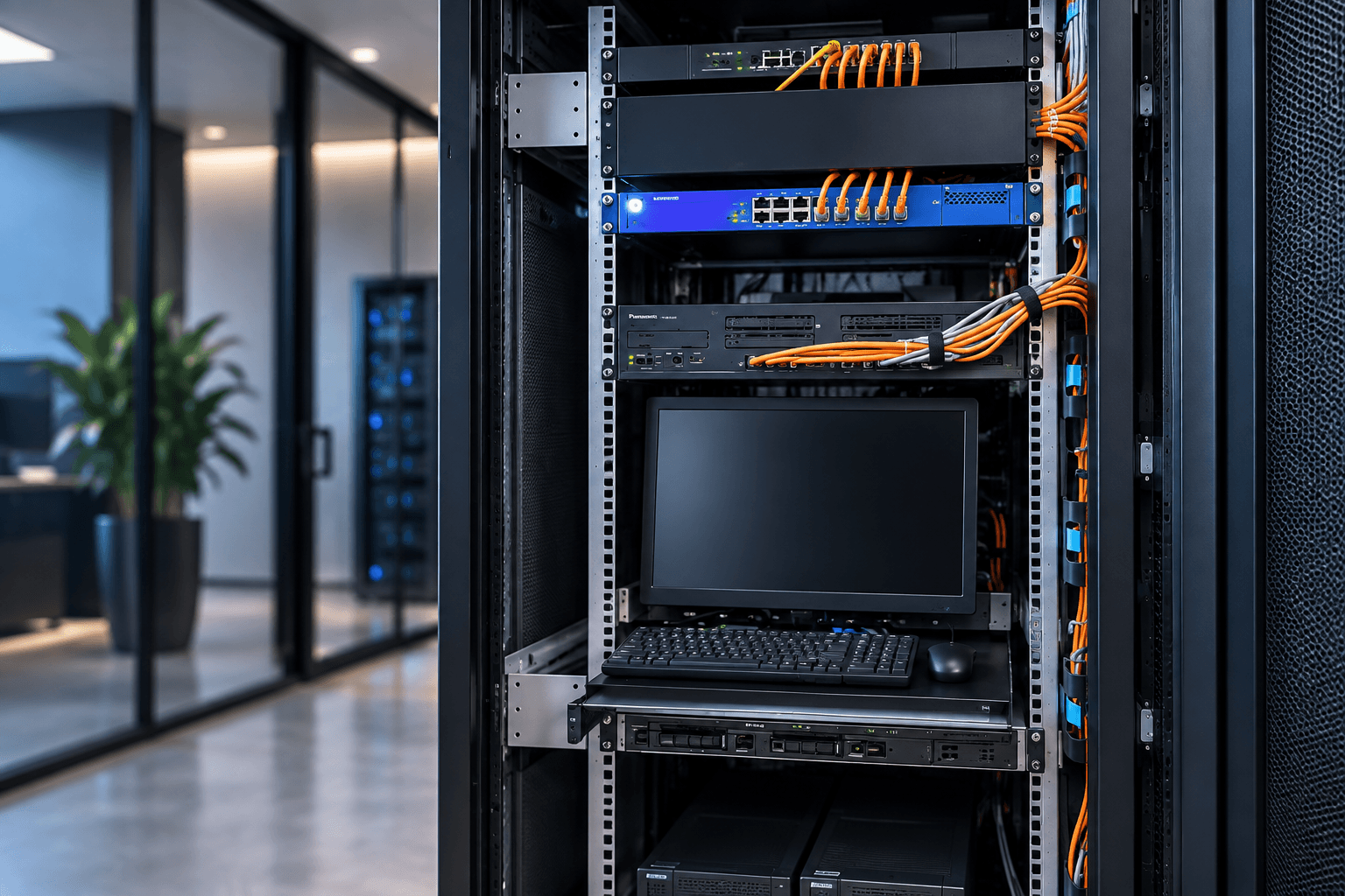 Server rack with network switches, organized cabling and an integrated management console