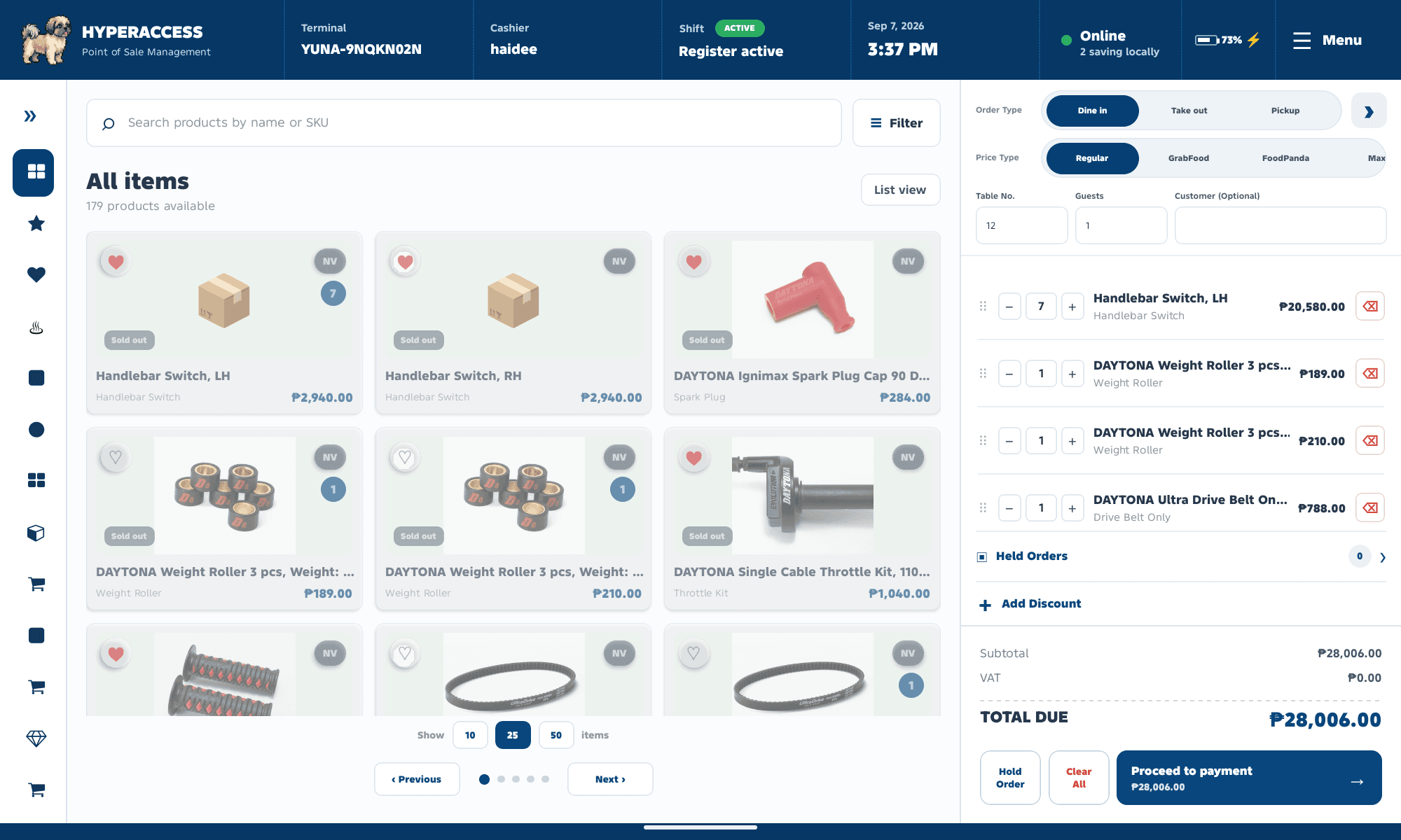 ALN POS product catalog with search, stock availability, active shift and current order cart